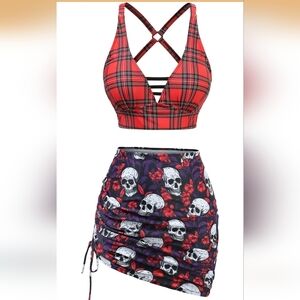 Rosegal Skull & Floral Ruched Swim Suit in Purple and Black with Red Accents